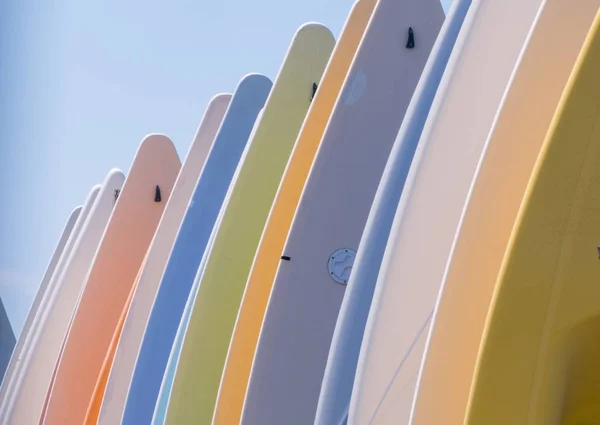 Tavole Paddle Colore Pastello Ordinatamente Organizzare Una Zona Stoccaggio — Foto Stock