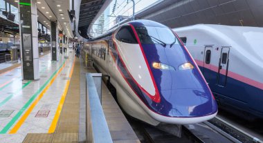 Tokyo, Japonya - 17 Ağustos 2018. Yüksek hızlı tren Tokyo Tren İstasyonu platformu.