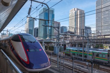 Tokyo, Japonya - 17 Ağustos 2018. Yüksek hızlı tren Tokyo Tren İstasyonu platformu.