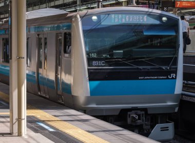 Tokyo, Japonya - 30th Ağustos 2018. Tokyo Tren İstasyonu platformu gelen Keihin Tohoku banliyö treni.