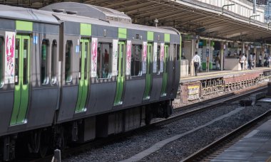 Tokyo, Japonya - 30th Ağustos 2018. Tokyo Tren İstasyonu platformu gelen Japonya demiryolu Yamanote banliyö treni.
