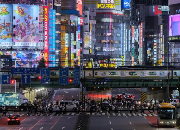 Токио Япония Сентября 2018 Года Пригородный Поезд Проходящий Автомобильному Мосту — стоковое фото