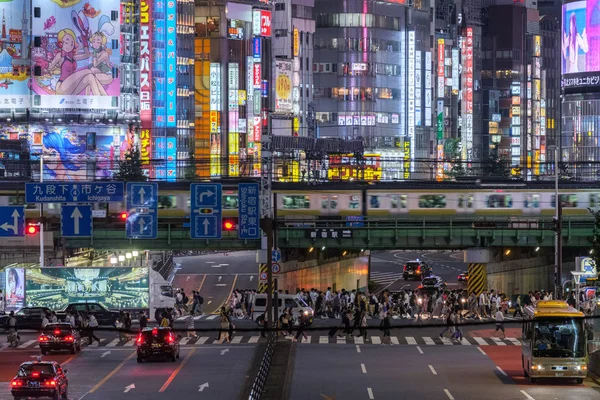 Tokio Japonia Września 2018 Pociągiem Podmiejskim Przekazując Most Drogowy Dzielnicy — Zdjęcie stockowe