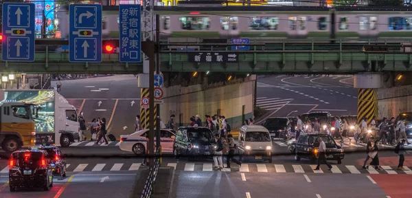 2018 東京都 新宿歌舞伎町地区における道路橋の上を通過する通勤電車 — ストック写真