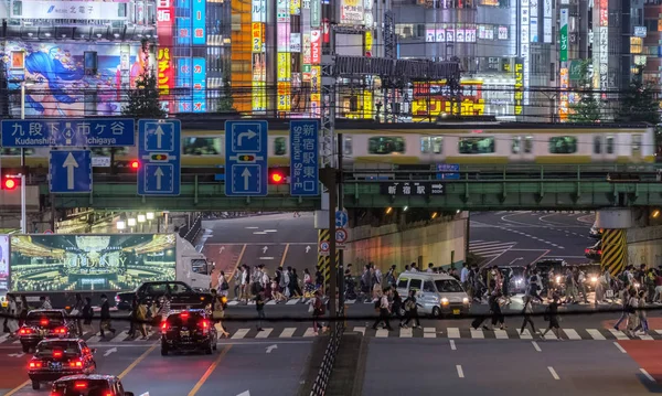 2018 東京都 新宿歌舞伎町地区における道路橋の上を通過する通勤電車 — ストック写真