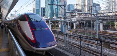 Tokyo, Japonya - 17 Ağustos 2018. Yüksek hızlı tren Tokyo Tren İstasyonu platformu.
