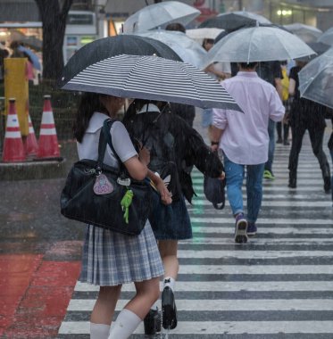 Tokyo, Japonya - 29 Temmuz 2018. Japon liseli kız yağmurlu tayfun sezonu boyunca şemsiye ile karşıya.