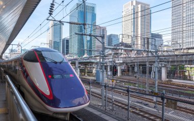 Tokyo, Japonya - 17 Ağustos 2018. Yüksek hızlı tren Tokyo Tren İstasyonu platformu.
