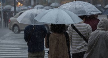 Tokyo, Japonya - 29 Temmuz 2018. Yağmurlu tayfun sezonu boyunca şemsiye ile karşıdan karşıya için bekleyen kişi.
