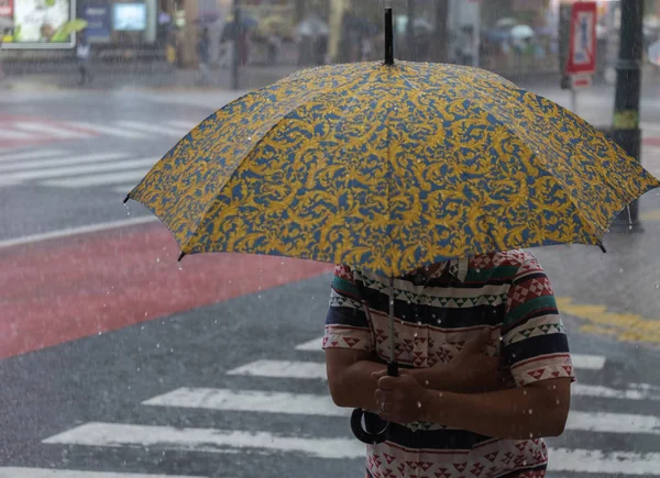 日本东京 2018年7月29日 雨季台风季节 新宿街男子带伞 — 图库照片