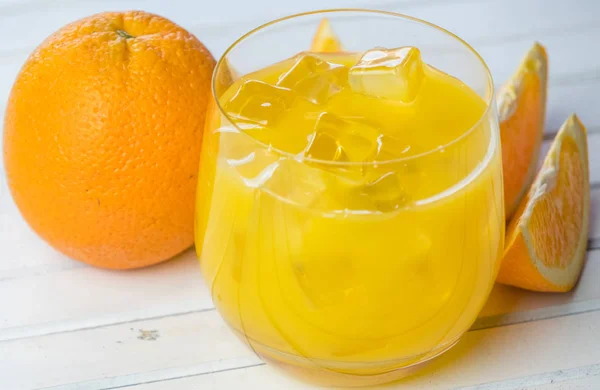 Cold Fresh Orange Juice Fruits Wooden Table — Stock Photo, Image