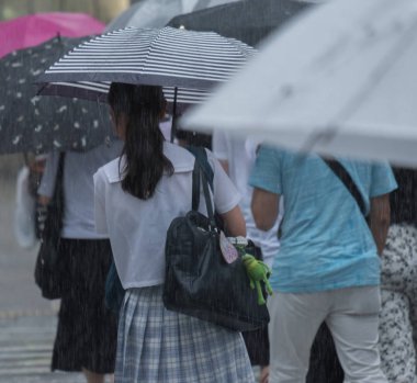 Tokyo, Japonya - 29 Temmuz 2018. Japon liseli kız yağmurlu tayfun sezonu boyunca şemsiye ile karşıya.