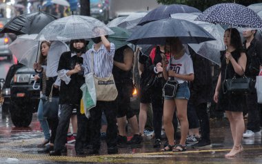 Tokyo, Japonya - 29 Temmuz 2018. Yağmurlu tayfun sezonu boyunca şemsiye ile karşıdan karşıya için bekleyen kişi.