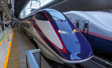 Tokyo, Japonya - 17 Ağustos 2018. Yüksek hızlı tren Tokyo Tren İstasyonu platformu.