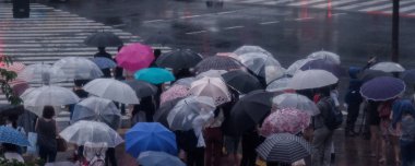 Tokyo, Japonya - 29 Temmuz 2018. Yaya Shinjuku sokakta şemsiye ile yağmurda yürüme.