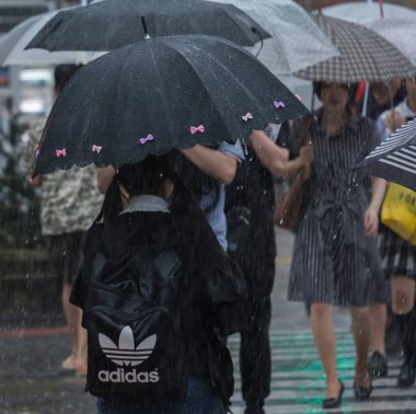 Tokyo, Japonya - 29 Temmuz 2018. Japon liseli kız yağmurlu tayfun sezonu boyunca şemsiye ile karşıya.