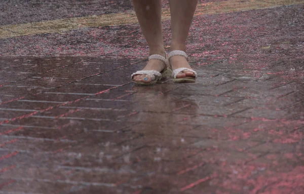 Close View Pedestrian Feet Walking Rain Shibuya Street — Stock Photo, Image