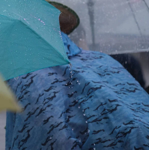 Ludzie Parasolami Ulewnym Deszczu Japonia — Zdjęcie stockowe