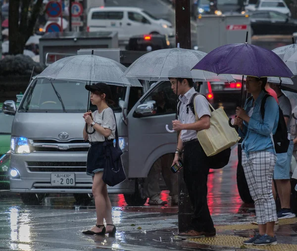 Tokyo, Japonya - 29 Temmuz 2018. Yağmurlu tayfun sezonu boyunca şemsiye ile karşıdan karşıya için bekleyen kişi.