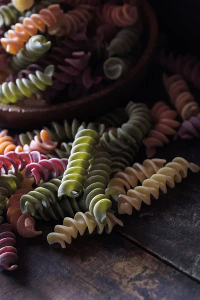Colorful Dried Fusilli Pasta Wooden Bowl — Stock Photo, Image
