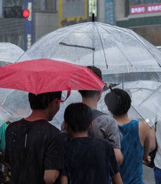 Tokyo, Japonya - 29 Temmuz 2018. Yağmurlu tayfun sezonu boyunca şemsiye ile karşıdan karşıya için bekleyen kişi.
