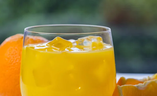 Cold Fresh Orange Juice Fruits Wooden Table — Stock Photo, Image