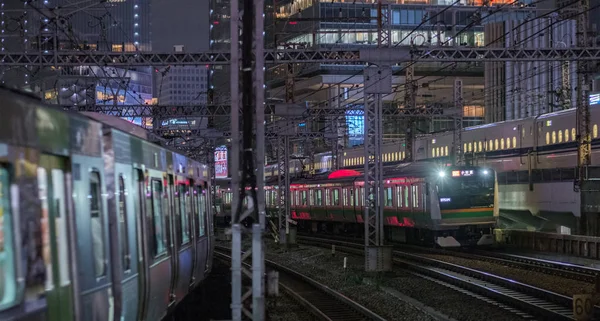 Tokyo, Japonya - 15 Eylül 2018. Doğu Japonya demiryolu Shonan Shinjuku satır thorugh Yurakucho istasyonu geçen geceleri izler..