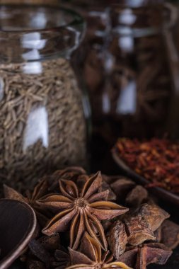 kurutulmuş yıldız anason ve ahşap masa üzerinde çeşitli baharatlar