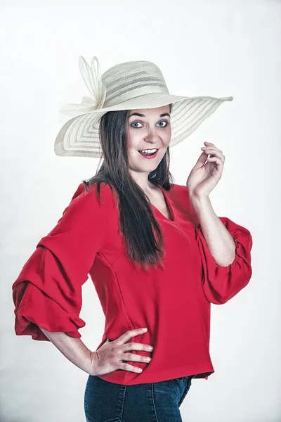 Jeune Femme Mode Avec Chapeau Soleil Tournage Studio — Photo