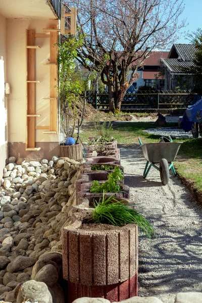 Crear Jardín Hierbas Partir Piedras Plantas Parcialmente Plantado Fondo Una — Foto de Stock