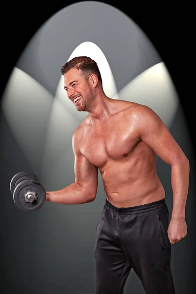 Laughing Shirtless Man Dumbbell Flexing His Arm Middle — Stock Photo, Image