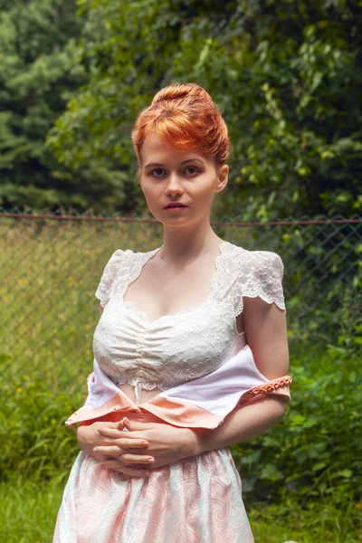 Young Girl Reddish Plug Hairstyle Open Dirndl Dress Lace Blouse — Stock Photo, Image