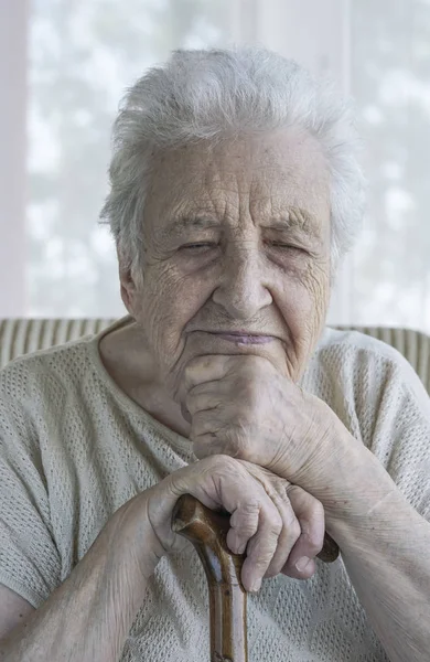 Eine Reizende Seniorin Lehnt Hause Auf Einem Holzstock — Stockfoto