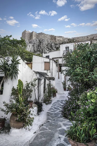 Calle Anafiotika Debajo Acrópolis Casco Antiguo Atenas Grecia — Foto de Stock