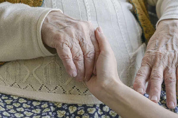 Closeup Female Hand Holding Wrinkled Hand Senior Woman — Stock Photo, Image