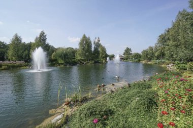 Çeşmeden su yaz bir parkta gölet üzerinde
