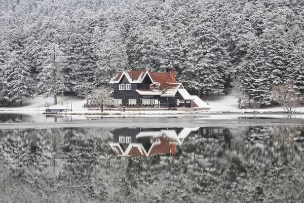 Una Casa Pinos Bajo Nieve Junto Lago Con Reflejo Turquía — Foto de Stock