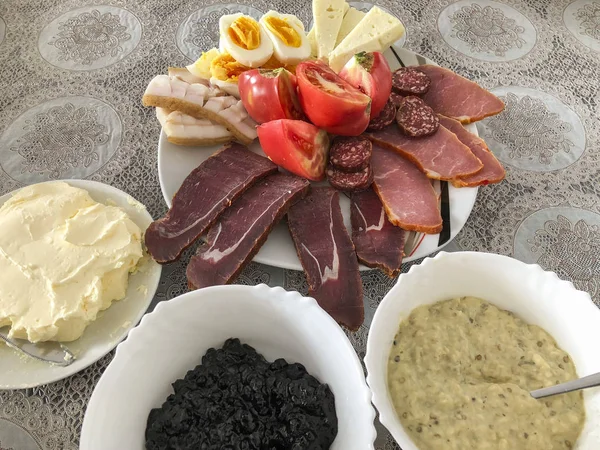 Huevo Cocido Queso Jamón Mesa Para Desayuno — Foto de Stock