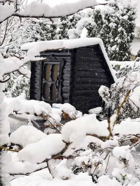 Fondo Con Ramas Cabaña Madera Bajo Nieve Invierno — Foto de Stock