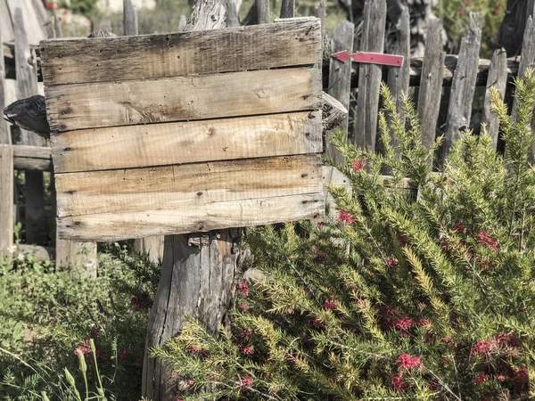 Een leeg houten bord in de tuin — Stockfoto