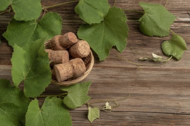 ahşap üzüm yaprakları ve şarap şişesi mantarları ile arka plan