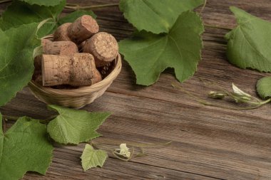 ahşap üzüm yaprakları ve şarap şişesi mantarları ile arka plan