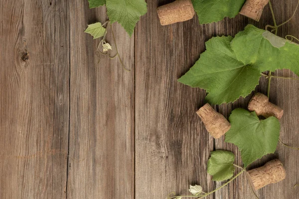ahşap üzüm yaprakları ve şarap şişesi mantarları ile arka plan
