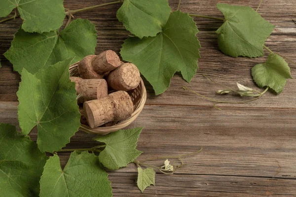 ahşap üzüm yaprakları ve şarap şişesi mantarları ile arka plan