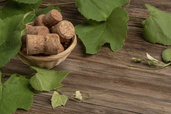 ahşap üzüm yaprakları ve şarap şişesi mantarları ile arka plan