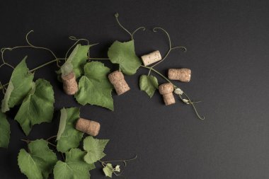 ahşap üzüm yaprakları ve şarap şişesi mantarları ile arka plan