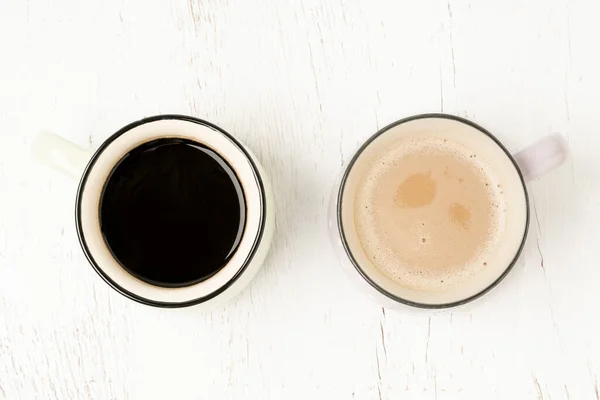 Deux Tasses Café Noir Americano Latte Sur Une Table Bois — Photo