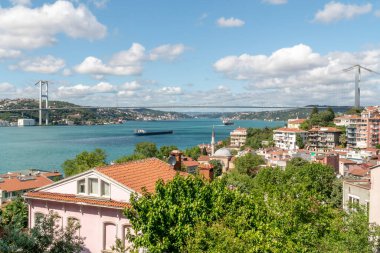 Güneşli bir günde, güzel gökyüzünün altındaki Boğaz Köprüsü 'nün panoramik manzarası