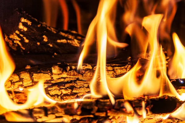 Brûlage Bois Chauffage Dans Foyer Gros Plan Texture Feu Flamme — Photo