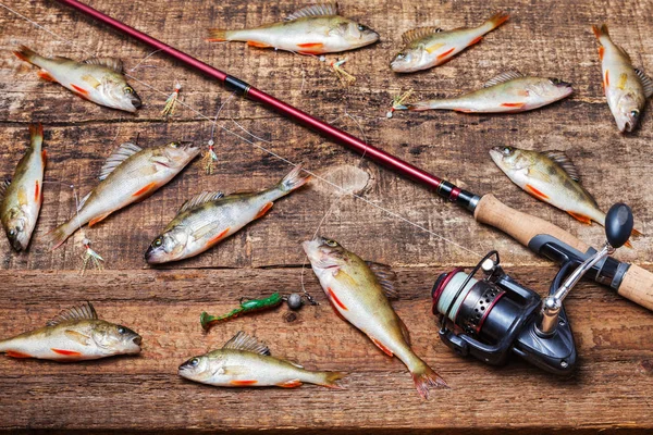 Spinning Rod Con Bobina Esca Pesce Basso Sfondo Legno Vista — Foto Stock